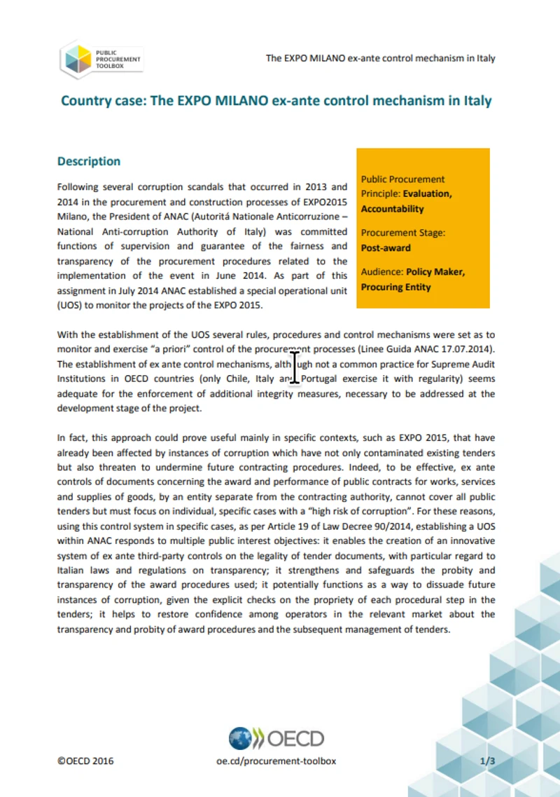 The EXPO MILANO ex-ante control mechanism in Italy cover