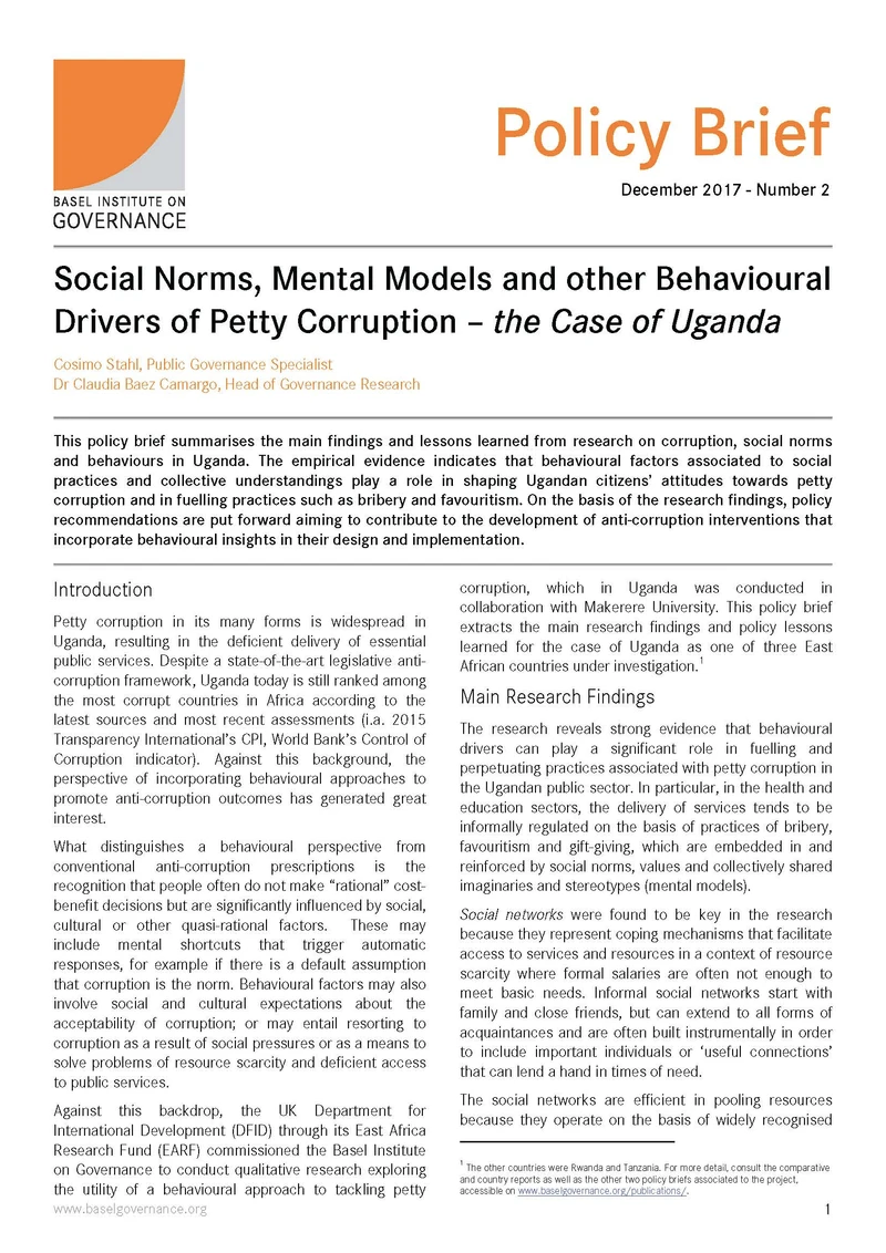 Policy Brief 2: Social norms, mental models and other behavioural drivers of petty corruption – the case of Uganda cover
