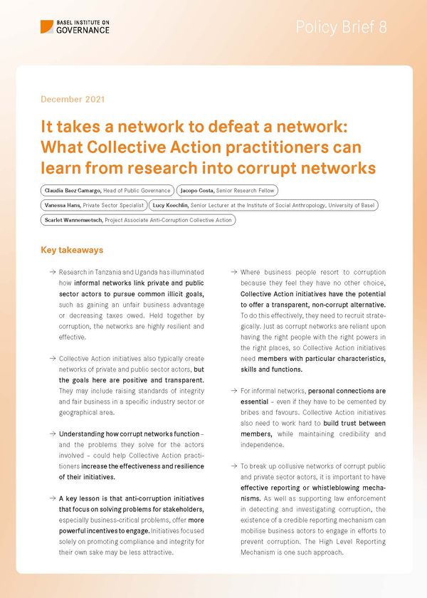 Policy Brief 8: It takes a network to defeat a network – What Collective Action practitioners can learn from research into corrupt networks