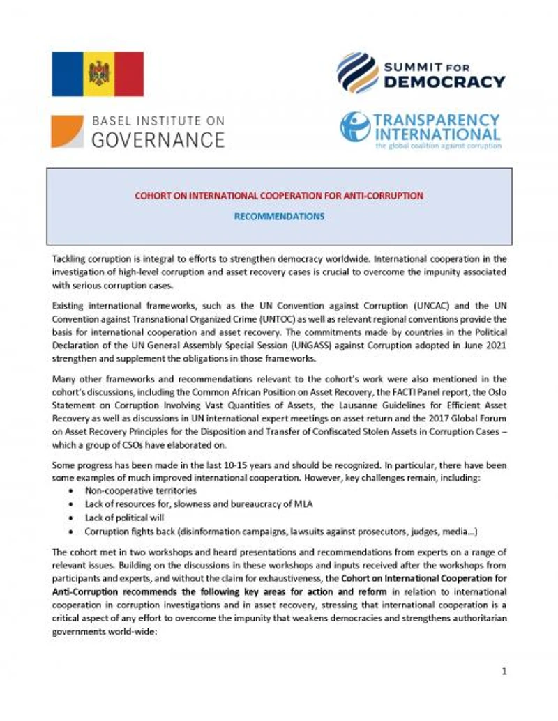Recommendations of the International Cooperation for Anti-Corruption Cohort of the Summit for Democracy cover