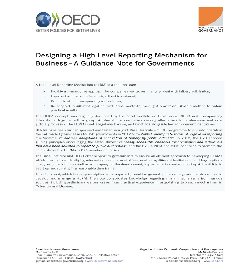 Designing a High Level Reporting Mechanism for Business - A Guidance Note for Governments cover