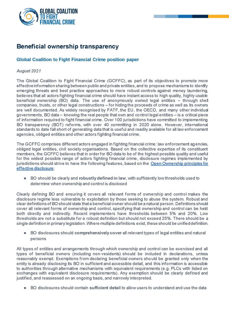 Beneficial ownership transparency – a GCFCC position paper cover