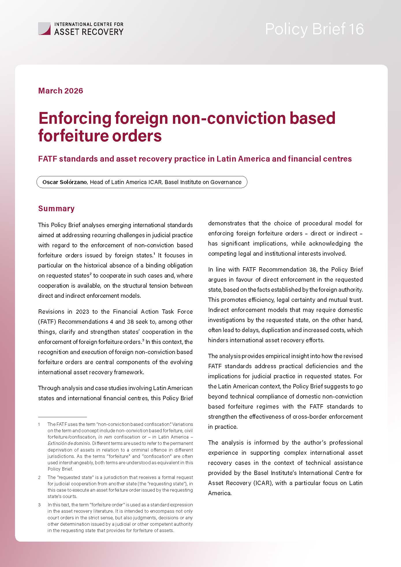 Policy Brief 16: Enforcing foreign non-conviction based forfeiture orders
