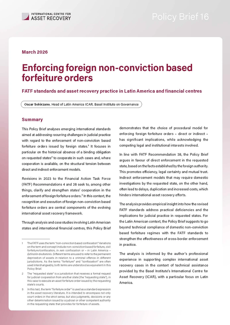 Policy Brief 16: Enforcing foreign non-conviction based forfeiture orders cover