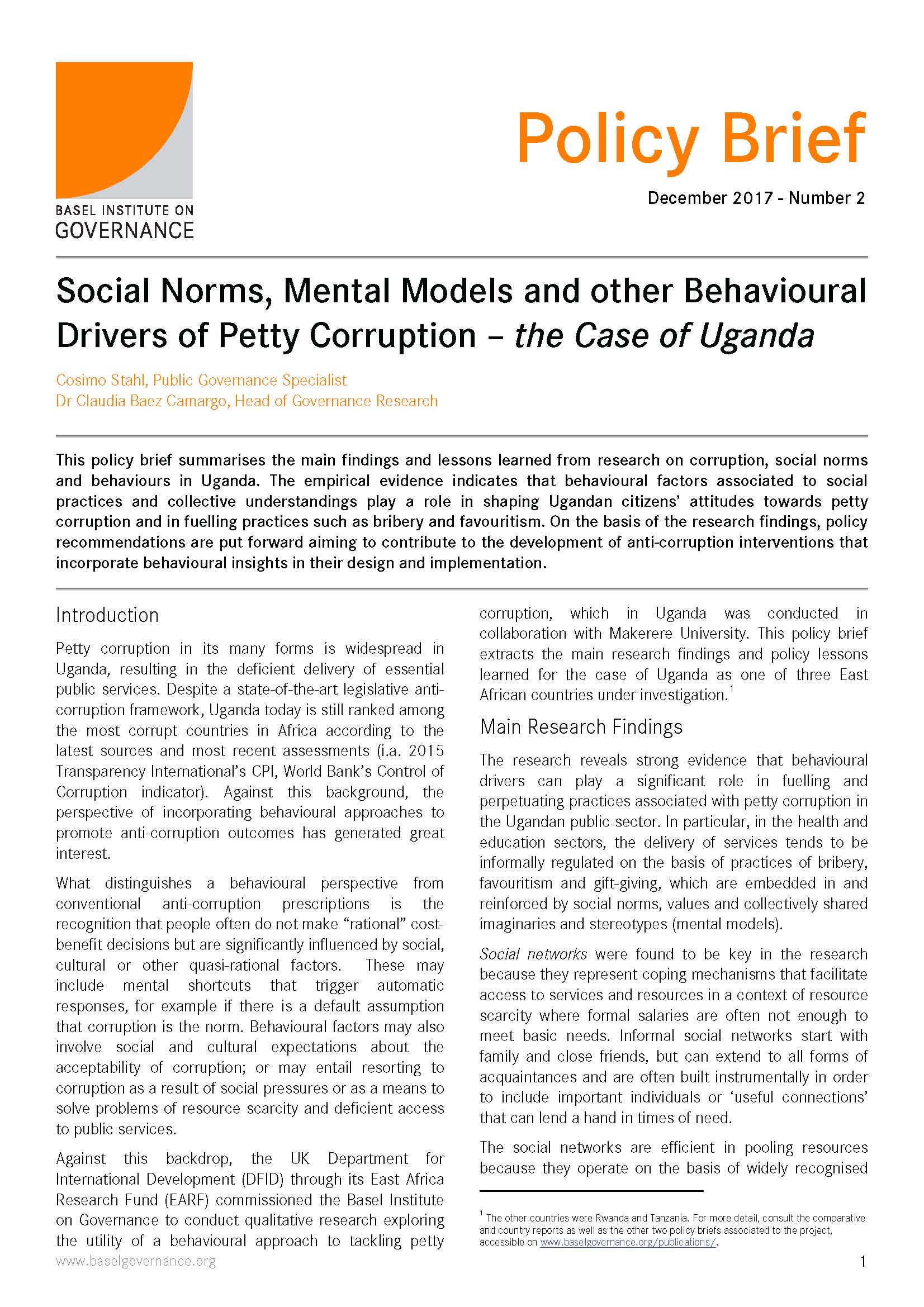 First page of Uganda policy brief