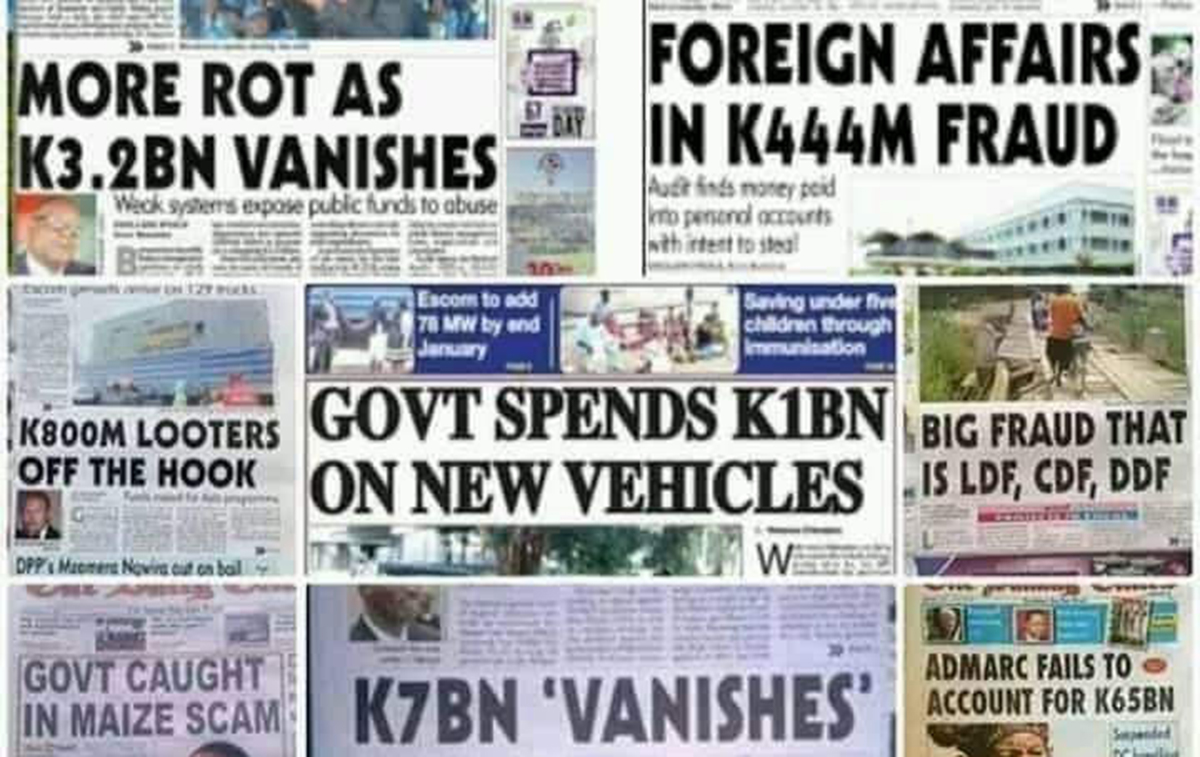 Collage of front pages of newspapers showing corruption headlines