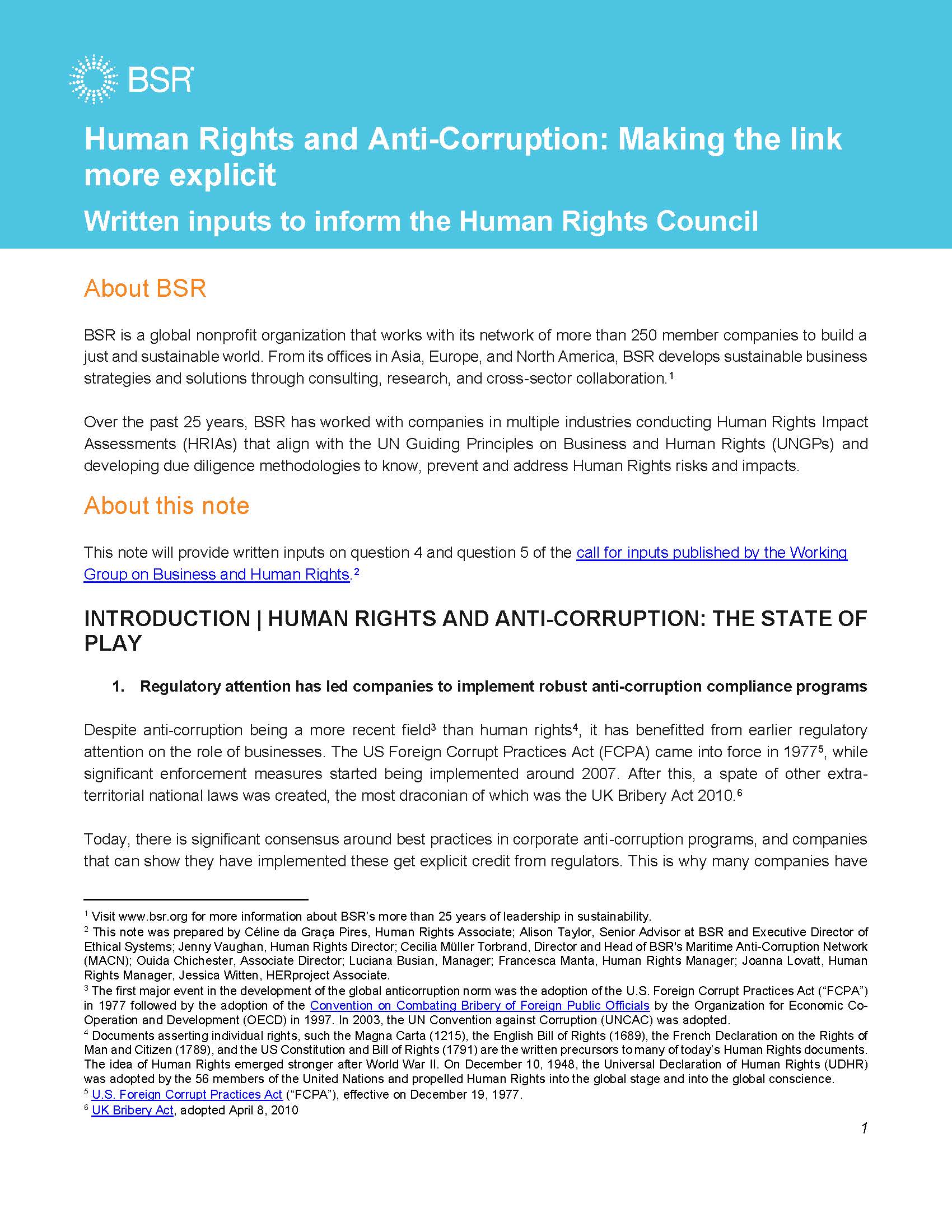 Cover page of BSR input on human rights and anti-corruption
