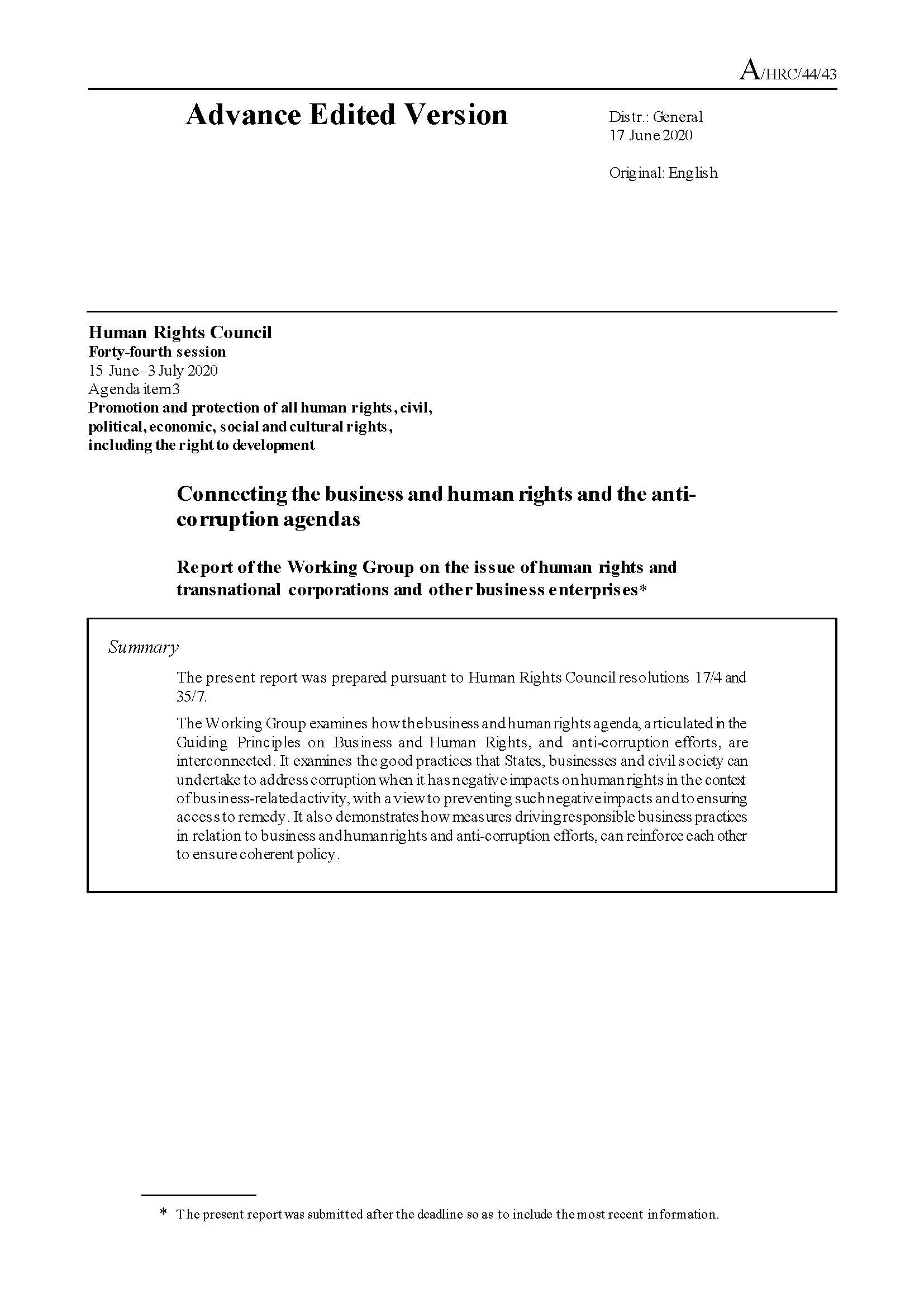 Cover page of HRC report: Connecting the business and human rights and the anti-corruption agendas