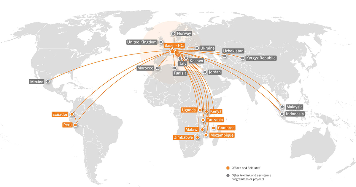 World map showing where the Basel Institute worked in 2020
