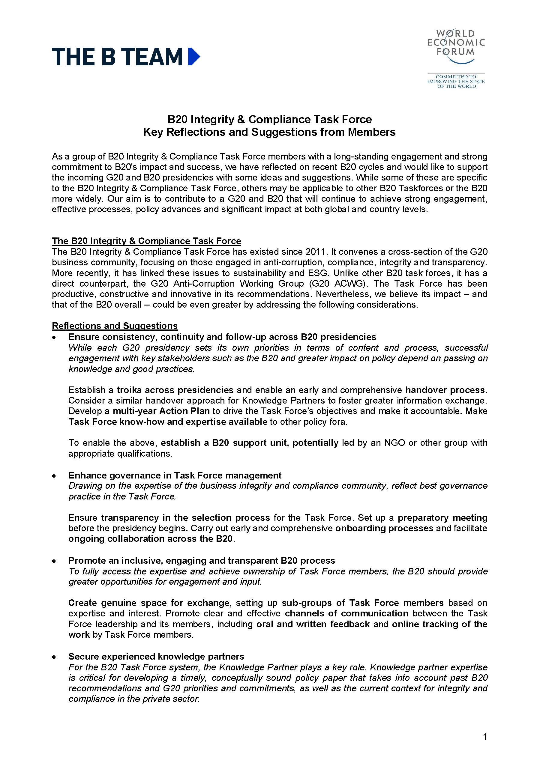 B20 Integrity and Compliance key suggestions - first page