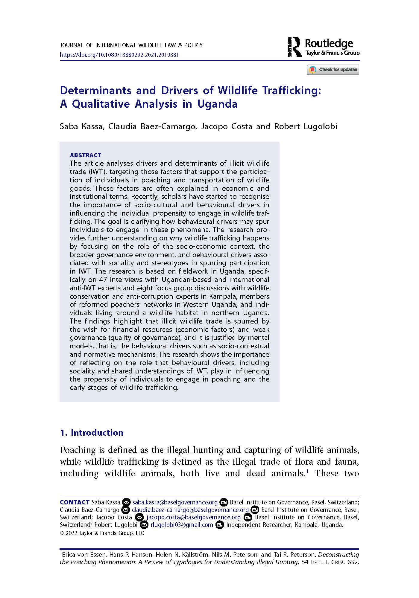 Cover page of Determinants and Drivers of Wildlife Trafficking A Qualitative Analysis in Uganda.jpg