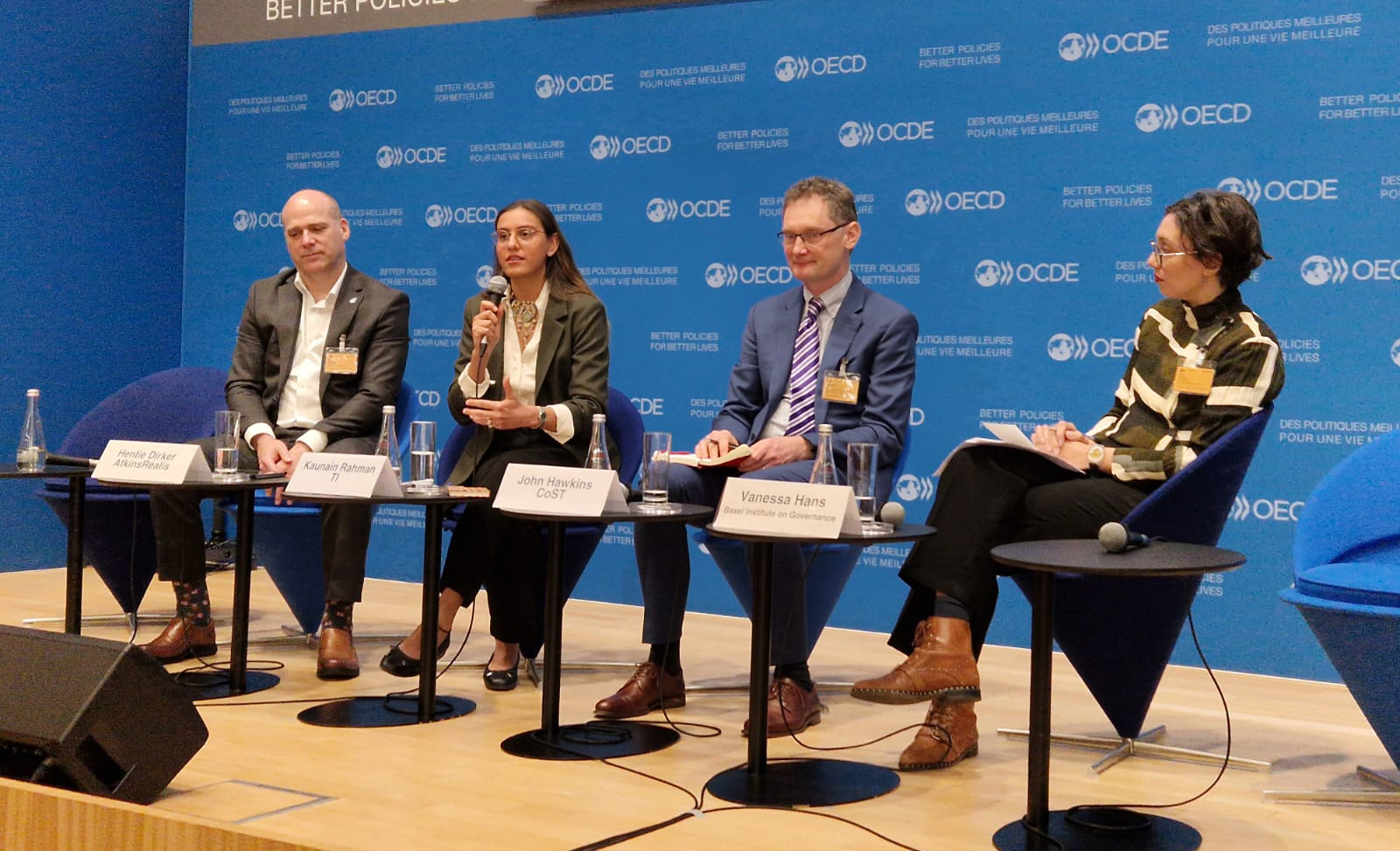 The Basel Institute's session at the 2024 OECD GACIF on "Addressing governance and corruption risks in infrastructure development through Collective Action", featuring Hentie Dirker, John Hawkins, Kaunain Rahman and Vanessa Hans.