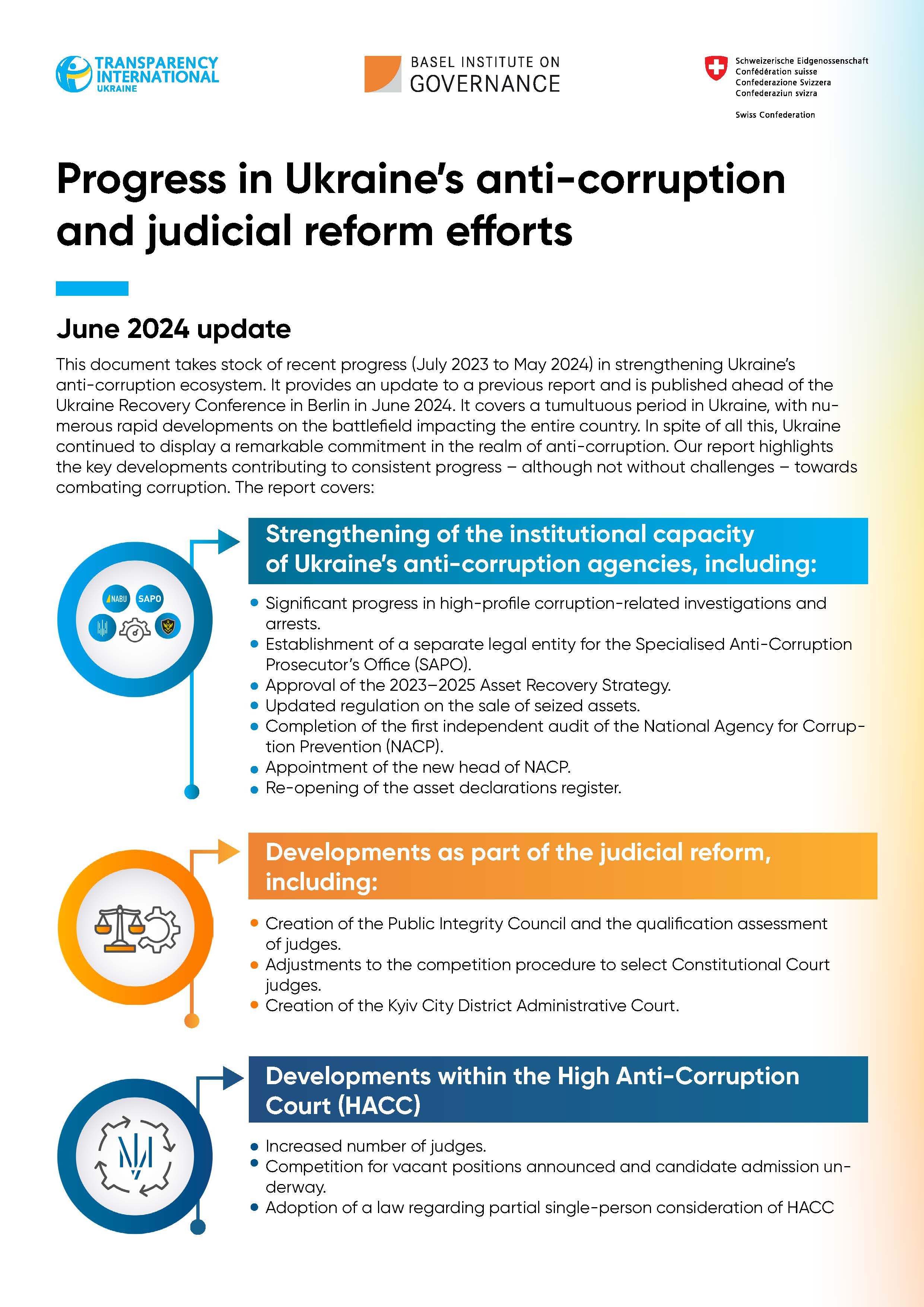Cover page of Progress in Ukraine's anti-corruption and judicial reform efforts