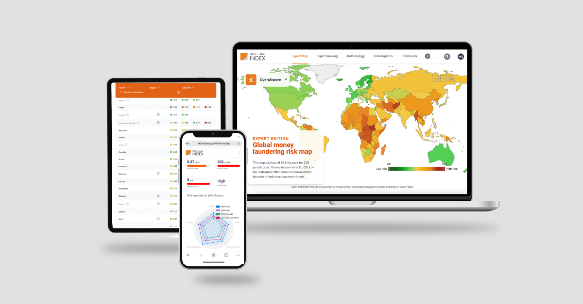 Mockup of the Basel AML Index on laptop, phone and tablet
