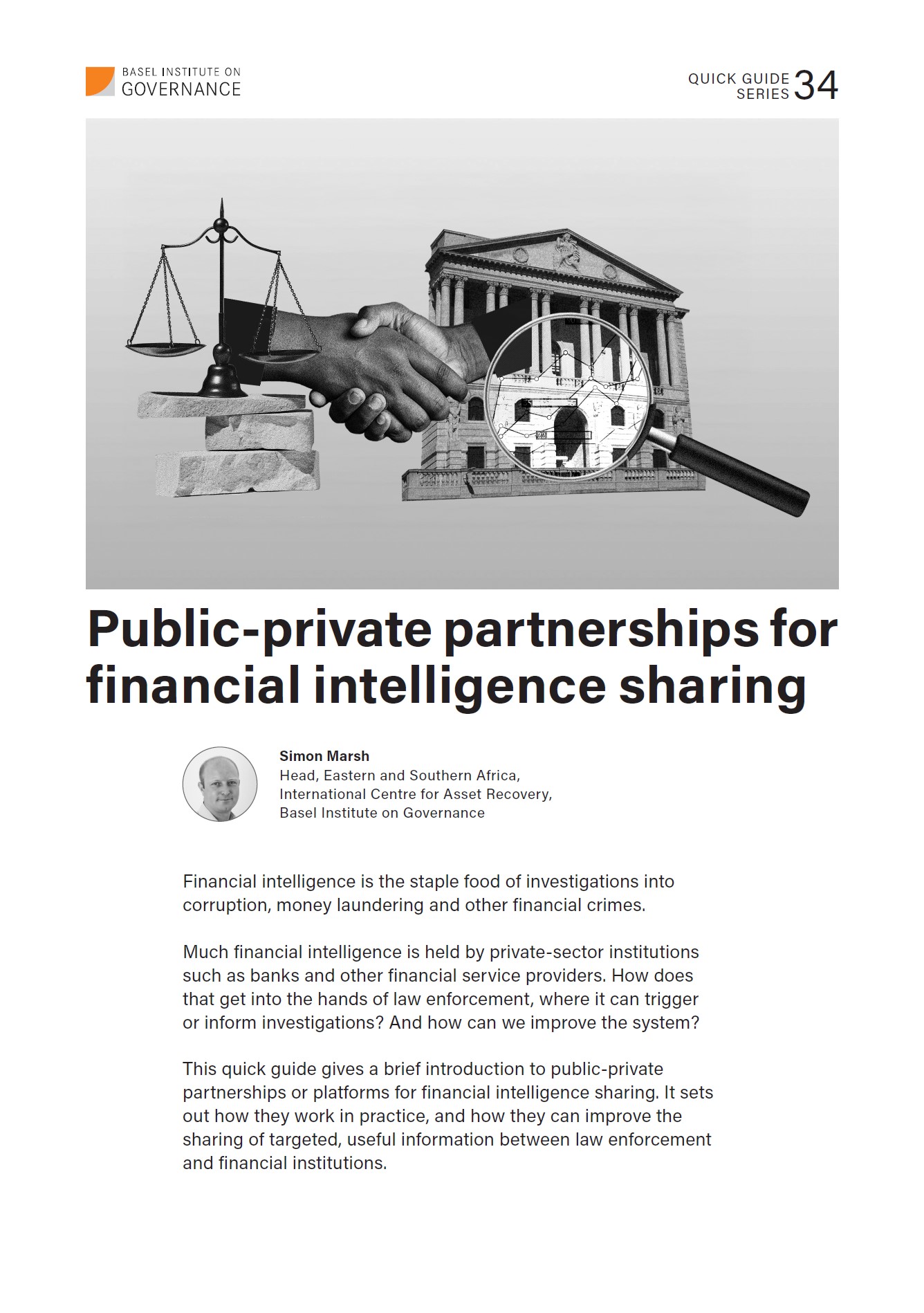 Cover page of Quick Guide 34 on Public-private partnerships for financial intelligence sharing, including a collage showing a scale, bank building, magnifying glass and shaking hands 