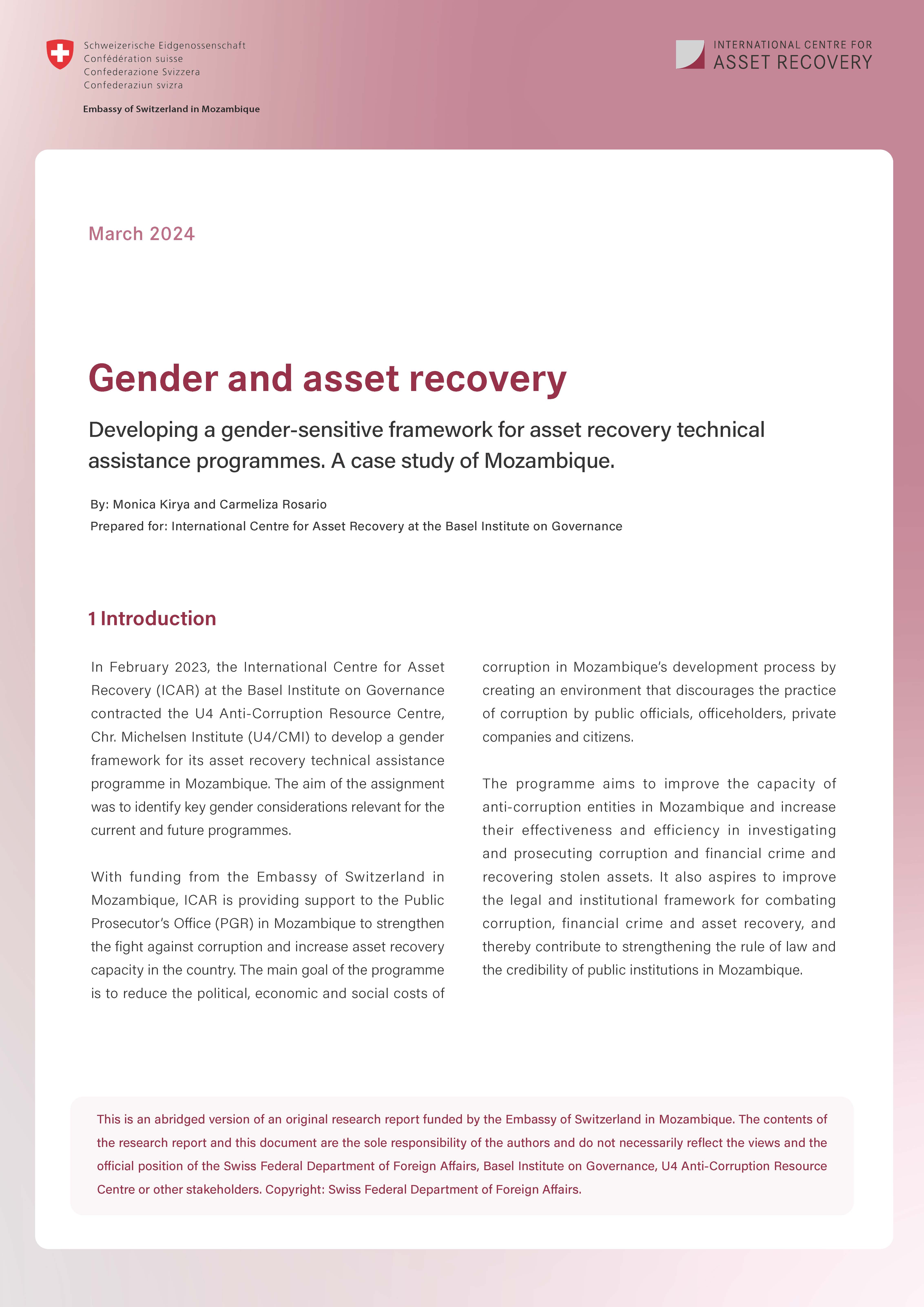 Cover page Gender and asset recovery_case study Mozambique_English