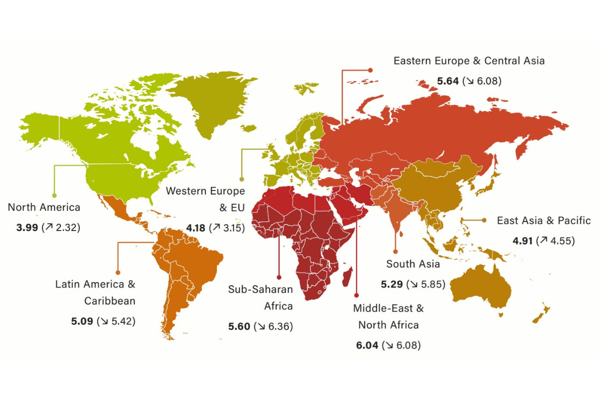 Map showing regional scores in Domain 2 after adding fraud data in 2024, compared to 2023 (Basel AML Index 2024)