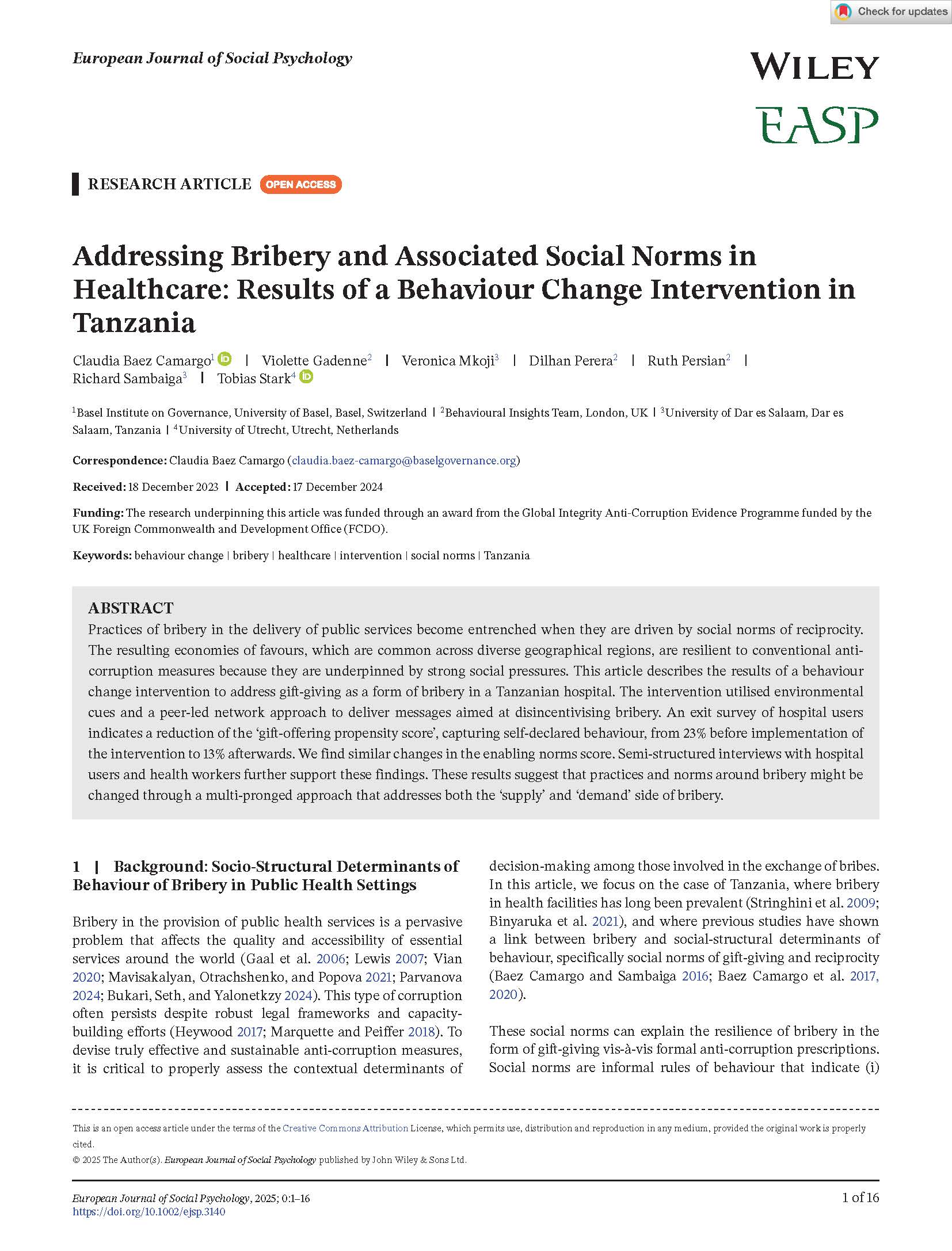 Cover page of article Addressing Bribery and Associated Social Norms inHealthcare: Results of a Behaviour Change Intervention inTanzania