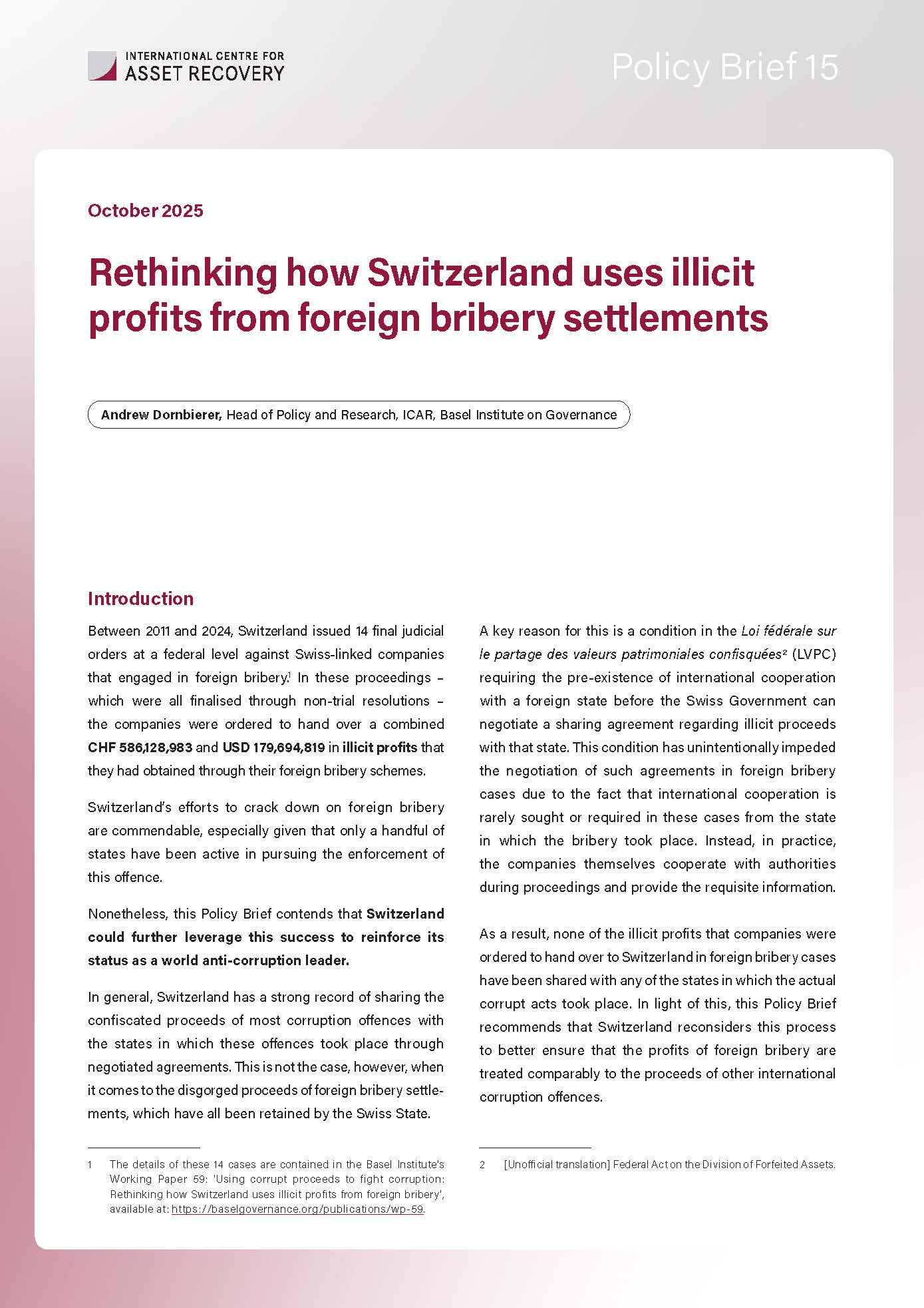 Cover of Policy Brief 15 on Foreign bribery profits in Switzerland