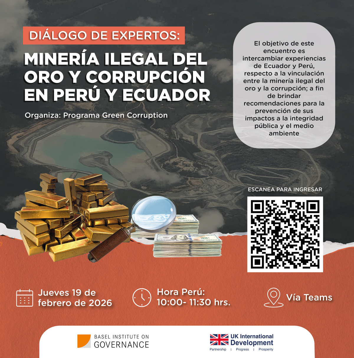 Flyer: Diálogo de expertos: Minería ilegal del oro y corrupción en Perú y Ecuador