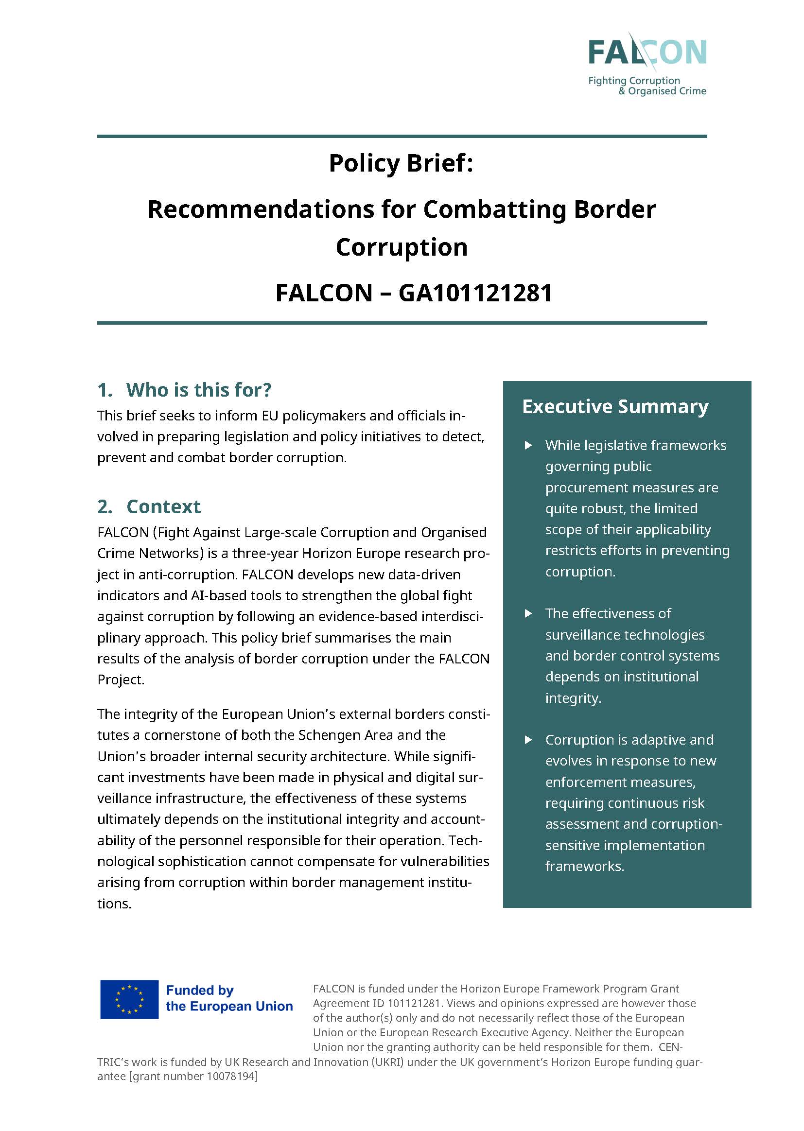 cover page of FALCON Policy Brief 4 on border corruption