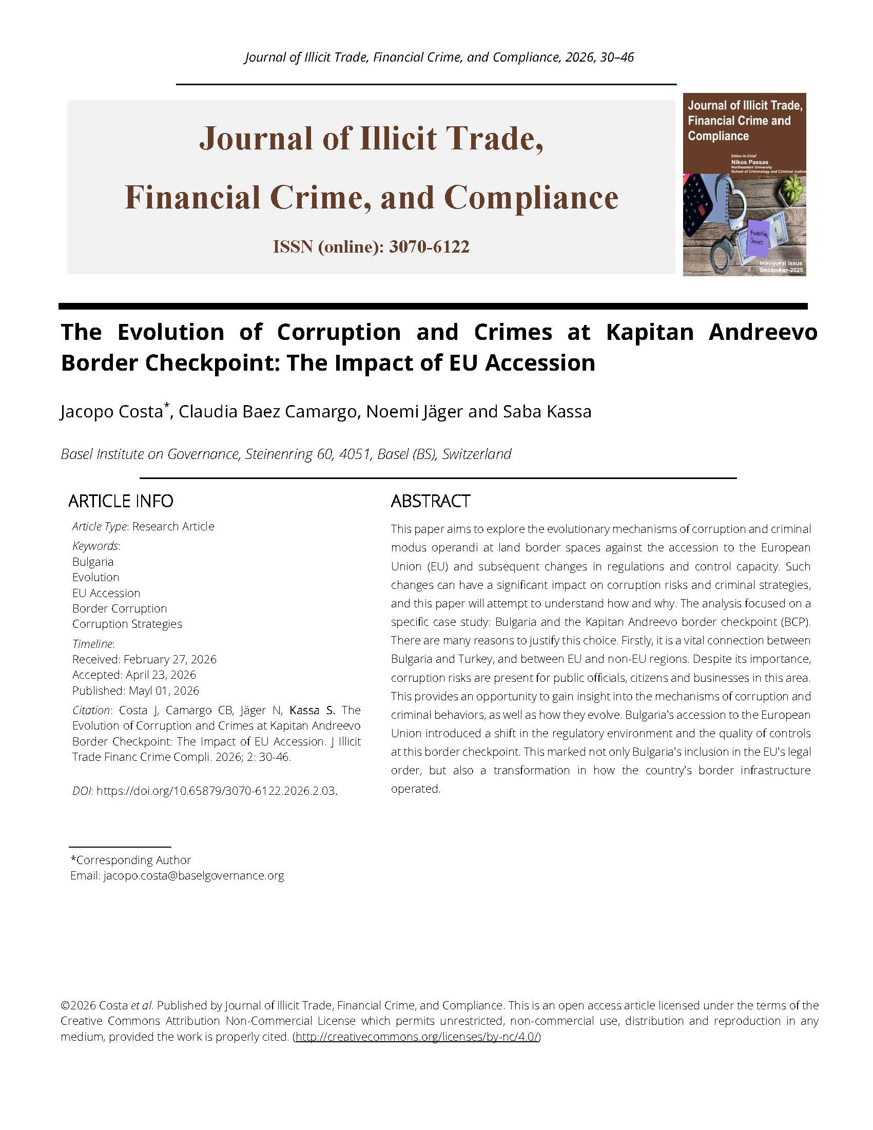 Cover page of JITFCC article on the evolution of corruption and criminal strategies at Kapitan Andreevo border checkpoint